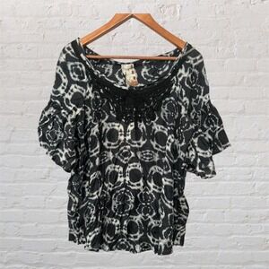 Da-Nang Boheme Black White Abstract Print Crochet Lace Bib Ruffle Sleeve Top M